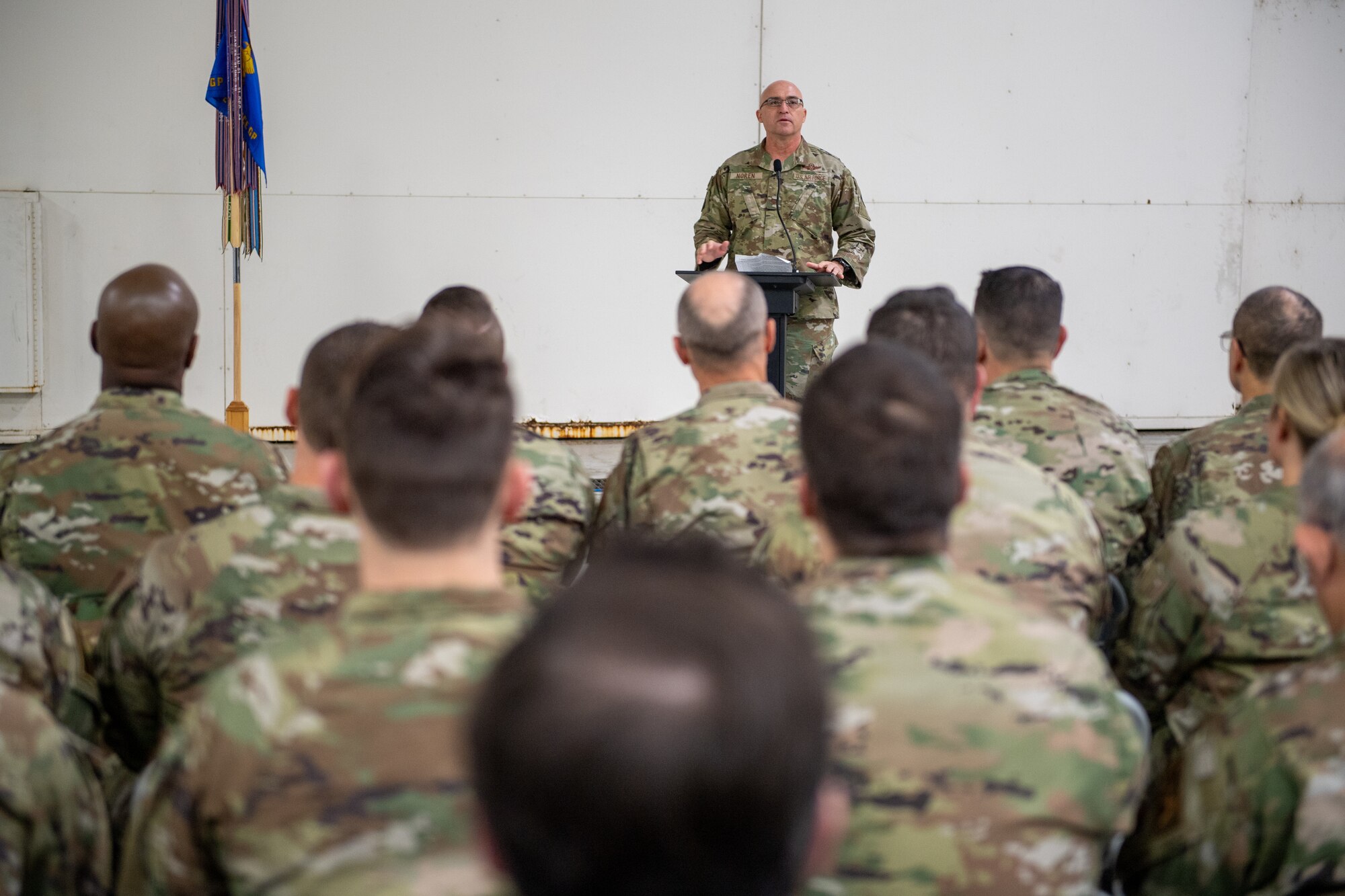 Col. Robert Noren, 193rd Special Operations Wing commander, speaks during an assumption of command ceremony for the 193rd Special Operations Maintenance Group held on Dec. 7, 2024, in Middletown, Pa.