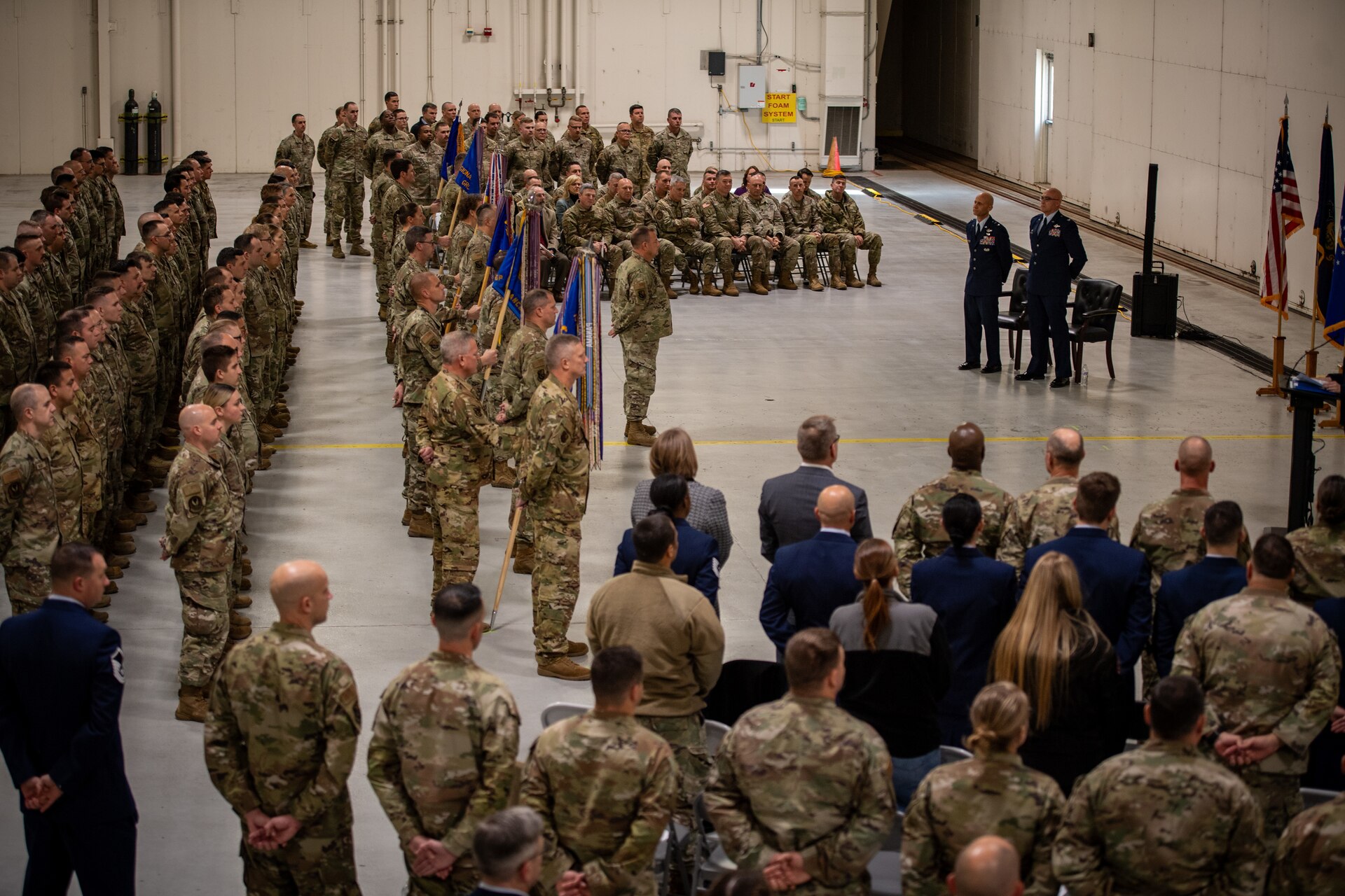 Maj. Gen. Terrence Koudelka, Pennsylvania Air National Guard commander (left), presides over an assumption of command ceremony in which Col. Robert S. Noren, assumes command of the 193rd Special Operations Wing, Dec. 6, 2024 in Middletown, Pa. In his new position, Noren commands more than 1,900 Airmen in wartime and contingency operations, as well as providing military support to civilian authorities. (U.S. Air National Guard photo by Senior Master Sgt. Alexander Farver)