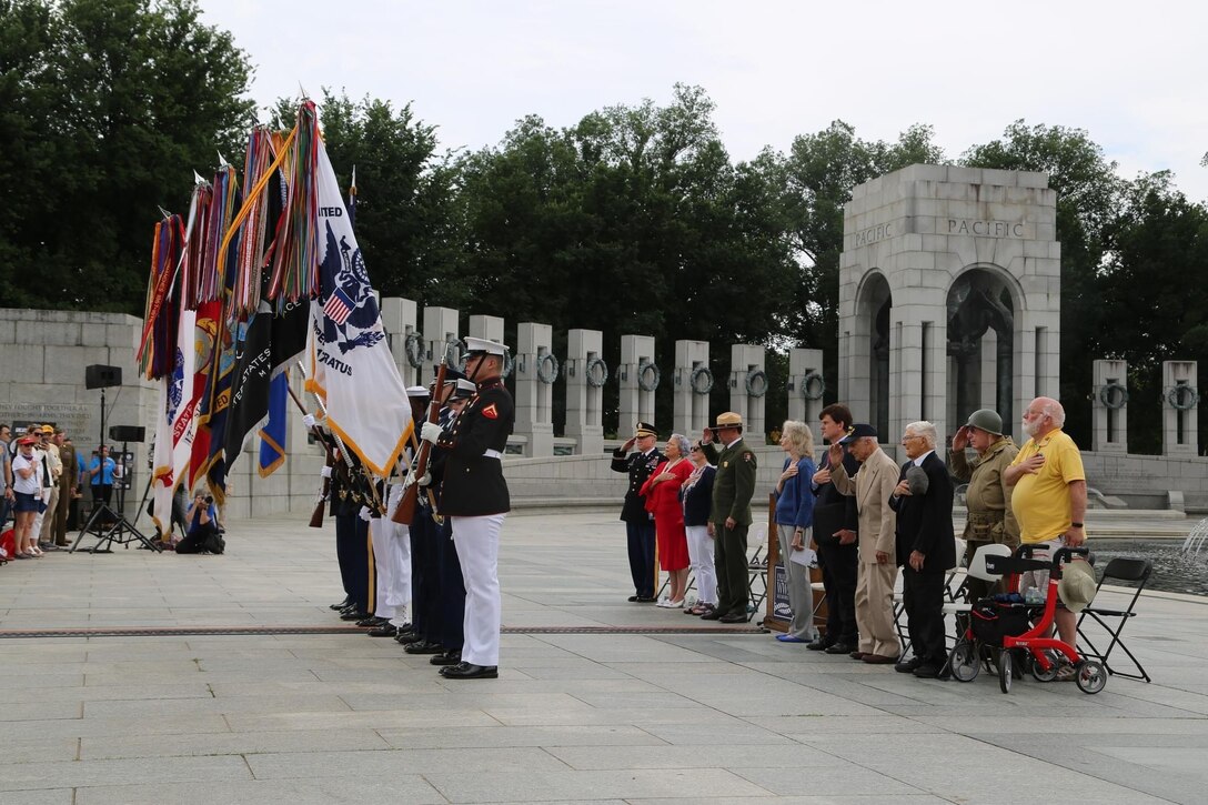 On Thursday, June 6, 2024, a Marine Brass Quintet performed at the World War II Memorial, supporting a ceremony which commemorated the 80th Anniversary of D-Day. World War II veterans James Behrend and Frank Cohn attended along with guest speaker Elliott “Toby” Roosevelt III, great-grandson of Franklin and Eleanor Roosevelt.