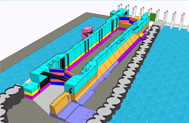 An isometric 3D illustration of the Chickamauga Lock near Chattanooga, Tennessee, showcasing the final assembly and installation of the miter gates at the Chickamauga Lock replacement project, managed by the U.S. Army Corps of Engineers Nashville District. The project includes designing a new 110-foot by 600-foot navigation lock. A 2002 Corps of Engineers feasibility study confirmed the replacement is both feasible and economically justified.