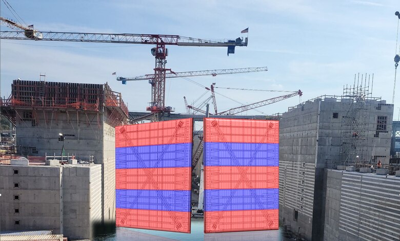 A 3D illustration of the downstream miter gate replacement project at Chickamauga Lock near Chattanooga, Tennessee. Comprised of 10 components (five on each side) that will be welded together, the gates will be over 70-feet tall and weigh over 800,000 lbs. The Chickamauga Lock replacement project, managed by the U.S. Army Corps of Engineers Nashville District includes designing a new 110-foot by 600-foot navigation lock to replace the current lock, which is necessary due to alkali-aggregate reaction, a chemical process that causes concrete to expand and crack, threatening the structural integrity of the lock.