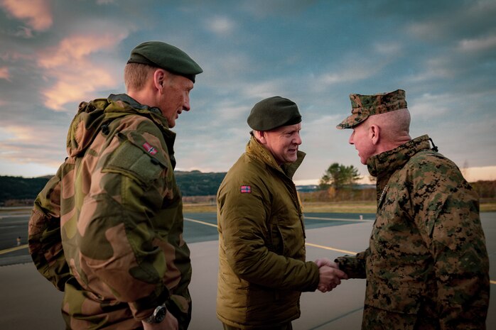 The 39th Commandant of the U.S. Marine Corps, Gen. Eric M. Smith, is greeted by Norwegian Brig. Gen. Anders Jernberg, the Commander for Norway Defense Logistic Organization, at the Værnes Airport, Norway on Oct. 26, 2024. General Smith was in Norway for scheduled office calls with Norwegian defense officials and to speak with Marines and recognize their accomplishments. (U.S. Marine Corps photo by Staff Sgt. Kelsey Dornfeld).