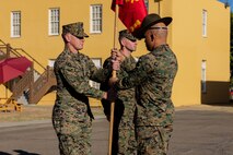 U.S. Marine Corps Capt. Thomas McCarthy, left, and Capt. Matthew Spencer, with India Company, 3rd Recruit Training Battalion, participate in a change of command ceremony at Marine Corps Recruit Depot San Diego, California, Dec. 2, 2024. McCarthy relinquished his position to Spencer, who took charge as India Company commanding officer. (U.S. Marine Corps photo by Lance Cpl. Jacob B. Hutchinson)