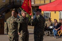 U.S. Marine Corps outgoing India Company, 3rd Recruit Training Battalion, Commanding Officer, Capt. Thomas McCarthy, left, and the oncoming India Company Commanding Officer, Capt. Matthew Spencer, participate in a change of command ceremony at Marine Corps Recruit Depot San Diego, California, Dec. 2, 2024. McCarthy relinquished his position to Spencer, who took charge as India Company commanding officer. (U.S. Marine Corps photo by Lance Cpl. Jacob B. Hutchinson)
