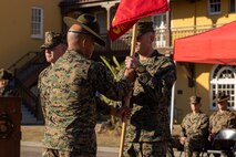 U.S. Marine Corps outgoing India Company, 3rd Recruit Training Battalion, Commanding Officer, Capt. Thomas McCarthy, left, and the oncoming India Company Commanding Officer, Capt. Matthew Spencer, participate in a change of command ceremony at Marine Corps Recruit Depot San Diego, California, Dec. 2, 2024. McCarthy relinquished his position to Spencer, who took charge as India Company commanding officer. (U.S. Marine Corps photo by Lance Cpl. Jacob B. Hutchinson)