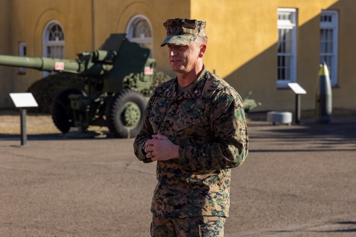 U.S. Marine Corps Commanding Officer of 3rd Recruit Training Battalion, Recruit Training Regiment, Lt. Col. Matthew Phelps, gives a speech during a change of command ceremony at Marine Corps Recruit Depot San Diego, California, Dec. 2, 2024. Capt. Thomas McCarthy relinquished his position to Capt. Matthew Spencer, who took charge as India Company commanding officer. (U.S. Marine Corps photo by Lance Cpl. Jacob B. Hutchinson)