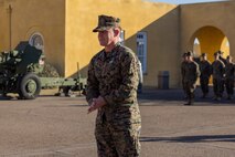 U.S. Marine Corps outgoing India Company, 3rd Recruit Training Battalion, Commanding Officer, Capt. Thomas McCarthy, gives a speech during a change of command ceremony at Marine Corps Recruit Depot San Diego, California, Dec. 2, 2024. Capt. Thomas McCarthy relinquished his position to Capt. Matthew Spencer, who took charge as India Company commanding officer. (U.S. Marine Corps photo by Lance Cpl. Jacob B. Hutchinson)
