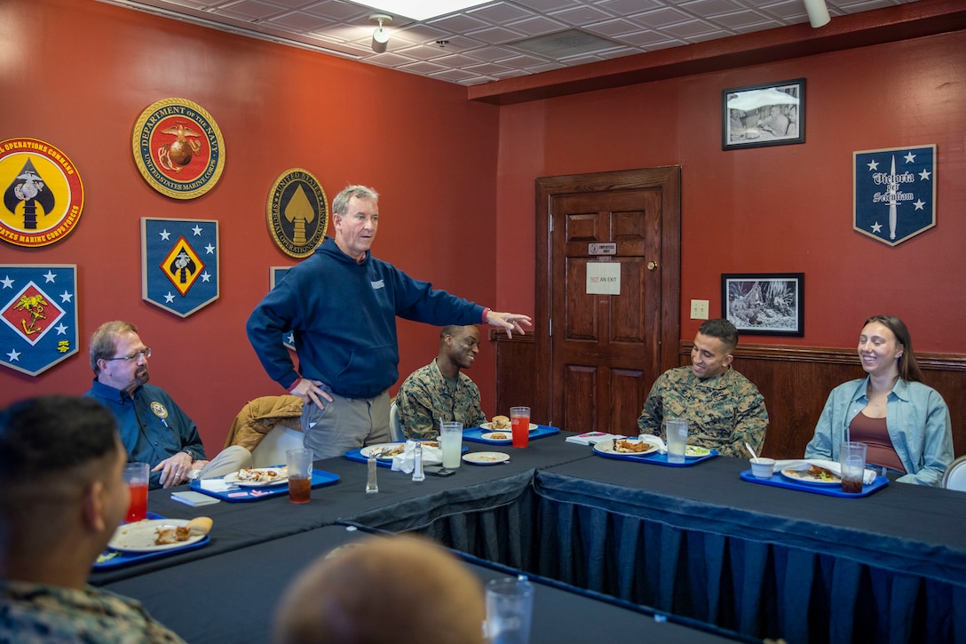 U.S. House of Representative Matt Cartwright (D-PA), center, delivers remarks during a tour of Marine Corps Base Camp Lejeune, North Carolina, Dec. 2, 2024. The Congressional Delegation (CODEL) was a bi-partisan visit consisting of House Appropriations Subcommittee on Defense (HAC-D) representatives who learned more about II MEF operations, capabilities and address issues related to DoD appropriations in North Carolina. (U.S. Marine Corps photo by Sgt. Jacquilyn Davis)