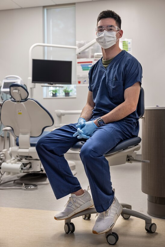 U.S. Navy Hospital Corpsman 3rd Class Cody Slaughter, a dental assistant with 2nd Dental Battalion, 2nd Marine Logistics Group, and a native of Abilene, Texas, poses for a photo on Camp Lejeune, North Carolina, Dec. 5, 2024. Slaughter was selected as warrior of the week for his dedication, leadership and work ethic that his command says sets him apart from his peers, ensuring mission success. When asked about his favorite part of his job, Slaughter said, “I think my favorite part of my job is interacting with the patients. It is rewarding to see someone who wasn’t confident in their smile, get up and look in the mirror after an operation and smile proudly.” Each week, 2nd MLG recognizes one outstanding Marine or Sailor that goes above and beyond in their duties and embodies the qualities of an outstanding service member.