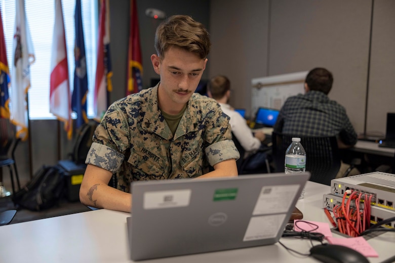 U.S. Marine Corps Cpl. Jarrett Hargitt, a Yadkinville, North Carolina native, and motor transport operator, with II Marine Expeditionary Force EF Information Group, Command Element, analyzes data on his laptop during Island Marauder as part of exercise Bold Quest '24 at Marine Corps Base Camp Lejeune, North Carolina, Oct. 30, 2024. Bold Quest '24 is a joint staff sponsored, multinational venue designed to enhance and develop interoperability.