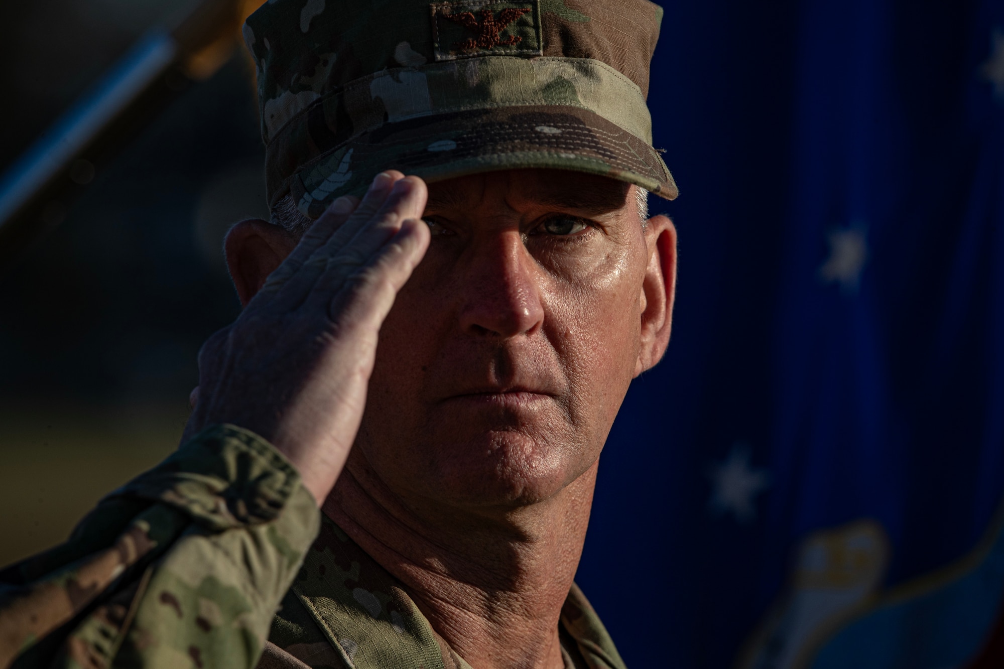 U.S. Air Force Col. Derek Routt, 177th Fighter Wing Commander, salutes during rehearsal for the 2024 New Jersey National Guard Military Review at the National Guard Training Center in Sea Girt, New Jersey, Oct. 6, 2024. The Military Review is a tradition that allows the governor as commander-in-chief to review the Soldiers and Airmen of the New Jersey National Guard.