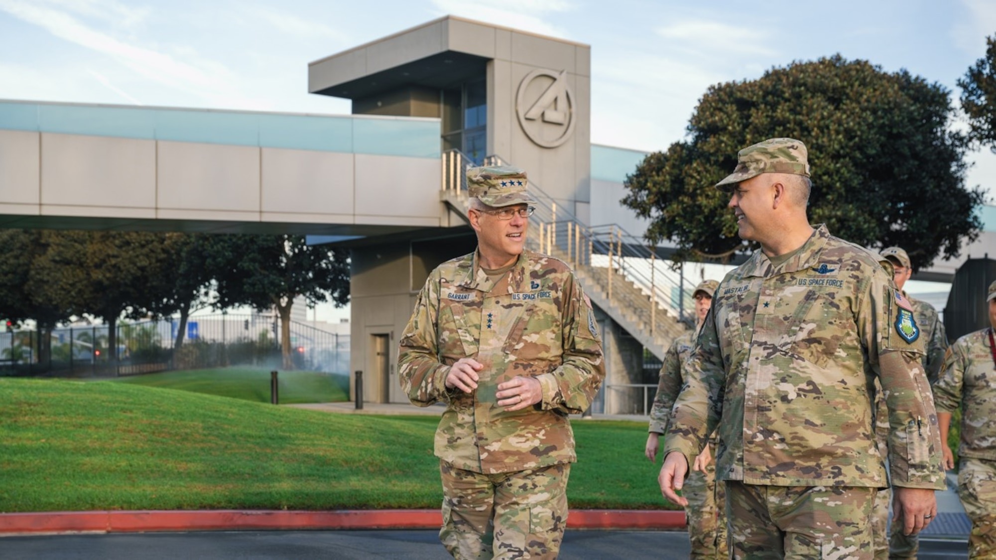 USSF Lt. Gen. Philip Garrant, commander of Space Systems Command (SSC), left, greets USSF Brig. Gen. Anthony J. Mastalir, commander,  U.S. Space Forces Indo-Pacific, on Oct. 30, during second day of Space Warfighters Day conference at the El Segundo, Cal. Campus of The Aerospace Corporation. The two-day event paired USINDOPACOM, the nation’s largest and oldest combatant command, with the U.S. Space Force, the nation’s newest – and smallest – military branch, for the purpose of brining game-changing capabilities to bear in defense of our Nation, Allies, and strategic interests.