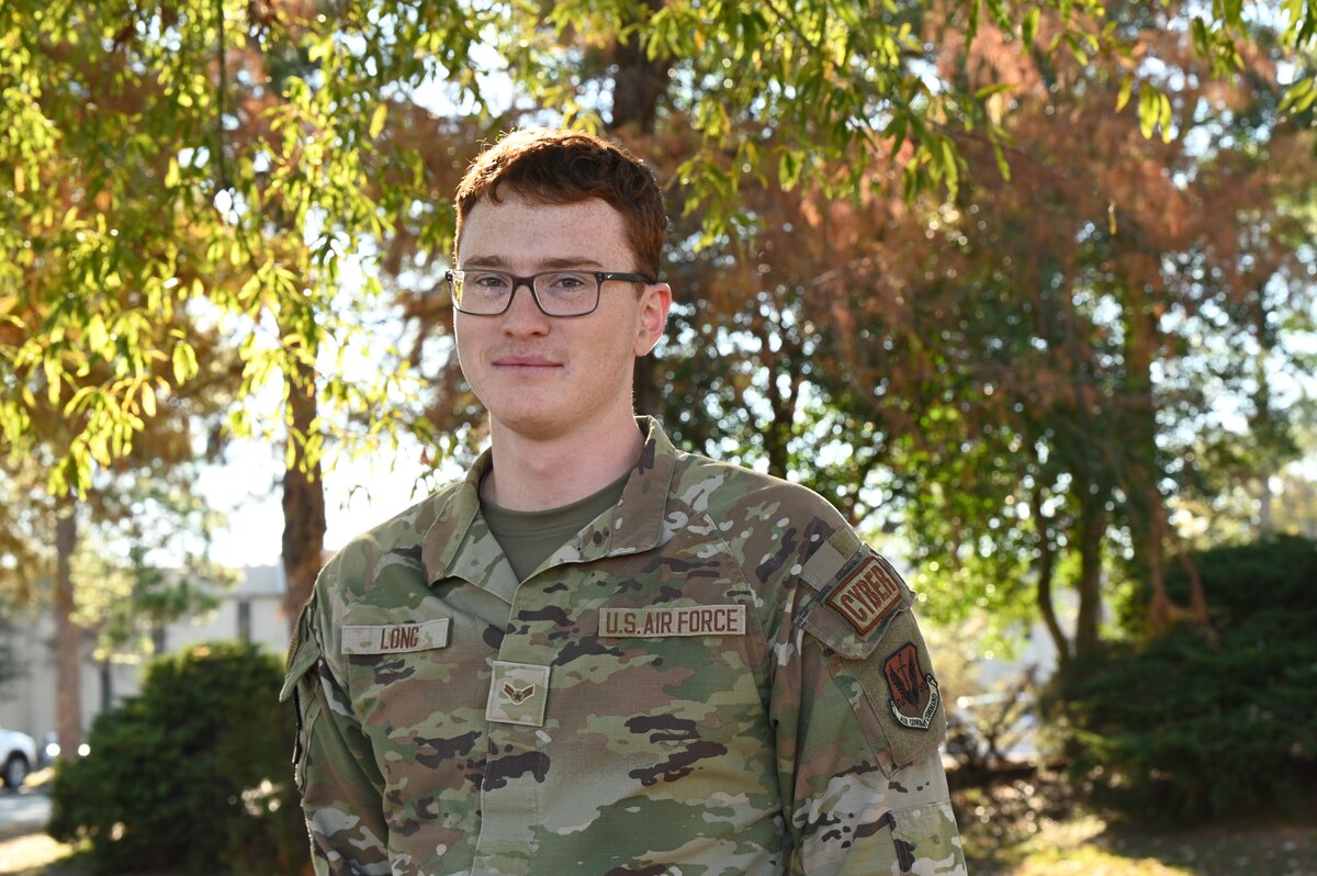 U.S. Air Force Airman 1st Class James Long, 26th Network Operations Squadron vulnerability management technician, poses for a photo at Gunter Annex, Ala, Dec. 3, 2024.