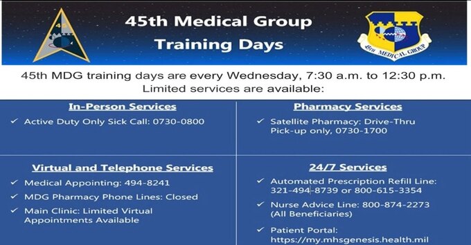 45th MDG training days are every Wednesday, 7:30 a.m. to 12:30 p.m. Limited services are available.