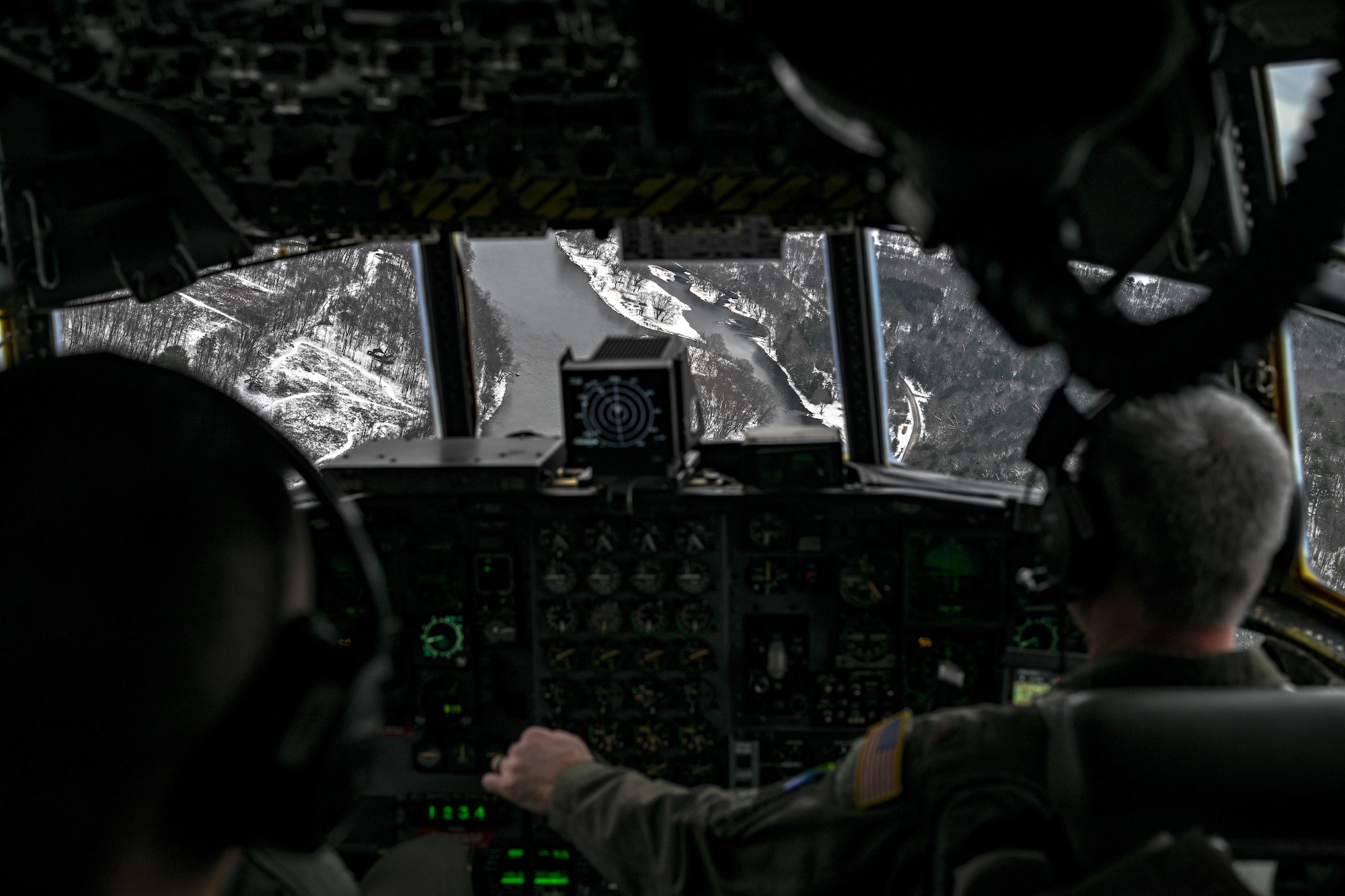 Aircrew with the 757th Airlift Squadron fly a C-130H Hercules over the Allegheny River Valley during an incentive flight for spouses, Dec. 7, 2024.
