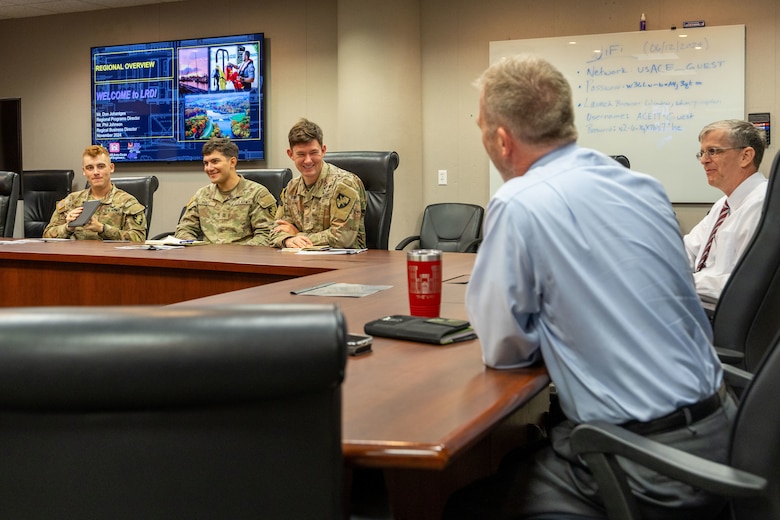 On November 14, 2024, cadets from the Department of Civil and Mechanical Engineering (CME) at the United States Military Academy (USMA)—Owen Hodges, Ashton Perez, and Anthony Tinerella—along with Maj. Joseph Speight, an instructor within CME at USMA and USMA alumni Jay Joyce, Facilitator of the West Point Society of Cincinnati, visited the USACE Great Lakes and Ohio River Division (LRD) Headquarters in Cincinnati, Ohio.