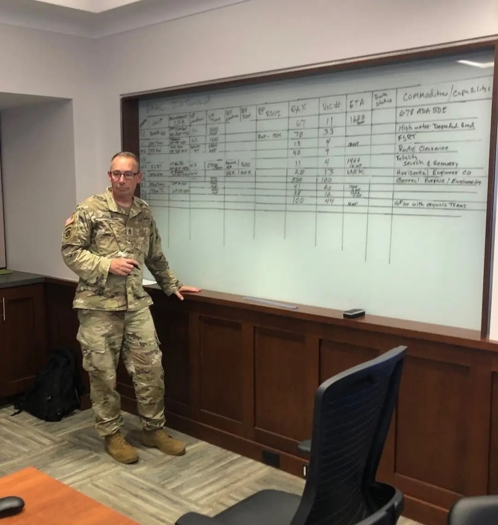 Sgt. 1st Class Scott Jones, a logistics specialist with the New Hampshire Army National Guard, updates a convoy tracker Oct. 9, 2024, at the Florida Army National Guard join operation center in Gainesville, Florida. Courtesy photo.