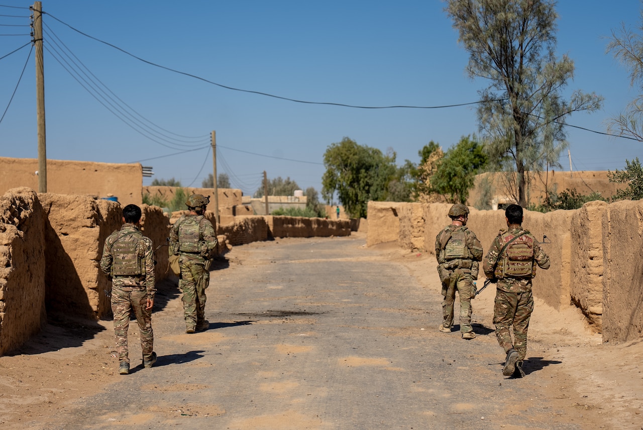 U.S. and foreign service members walk on patrol.