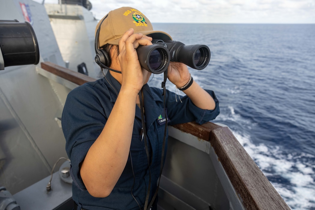 BMSN Yurida Delangel stands watch aboard USS Preble (DDG 88) in the South China Sea.