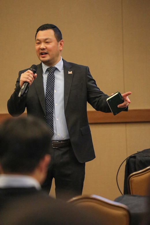David Chai, Deputy District Engineer and Chief Programs and Project Management Division, U.S. Army Corps of Engineers – Far East District, invited the audience to think in the mindset of “great customer service is providing a great product,” during opening remarks the second day at the Engineering Quality Symposium from Nov. 13-14, 2024, at Camp Humphreys, South Korea. This mindset aims to assist stakeholders to continue USACE FED’s commitment of enhancing quality. (U.S. Army photo by Monique Freemon)