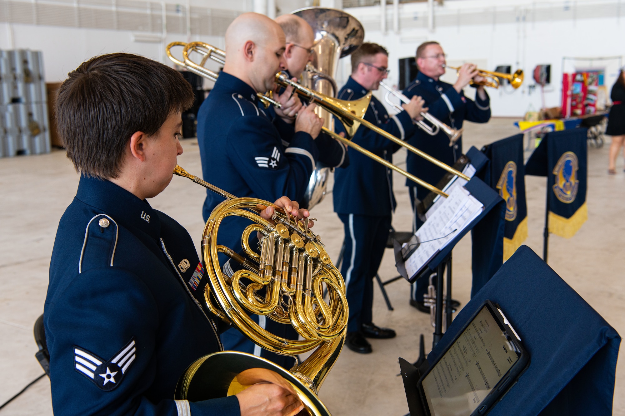 Musicians from the U.S. Air Force Band of the Pacific perform music during the Operation Christmas Drop 2024 “Push Ceremony” at Andersen Air Force Base, Guam, Dec. 9, 2024.