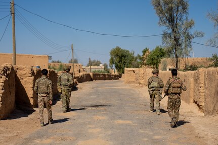 U.S. and foreign service members walk on patrol.