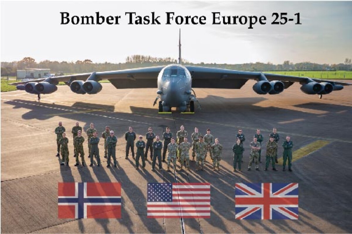 Members of the 20th Expeditionary Bomb Squadron, Royal Air Force, and Royal Norwegian Air Force pose for a group photo in front of a B-52H Stratofortress during Bomber Task Force 25-1, at RAF Fairford, England, Nov. 13, 2024. Our presence in Europe underscores the U.S.’s unwavering commitment to NATO and a united, peaceful Europe. We are always ready and strategically positioned to work alongside our Allies, strengthening defenses and deterring threats to the Alliance. (U.S. Air Force photo by Senior Airman Mary Bowers)