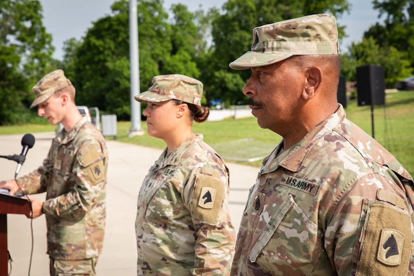 Command Sgt. Maj. Robert C. Render (right), 103rd Brigade Support Battalion, stands at attention during his retirement ceremony in Harrodsburg, Kentucky on June 14, 2024. Render is retiring from the Kentucky Army National Guard with 43 years, and 10 months; he is longest serving member of the Kentucky National Guard. (U.S. Army National Guard photo by Sgt. 1st Class Andrew Dickson)