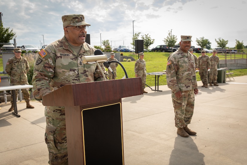 Command Sgt. Maj. Darrell Brookins (left), Joint Force Headquarters, was the guest speaker at the retirement ceremony for Command Sgt. Maj. Robert C. Render (right), 103rd Brigade Support Battalion, in Harrodsburg, Kentucky on June 14, 2024. Render is retiring from the Kentucky Army National Guard with 43 years, and 10 months; he is longest serving member of the Kentucky National Guard. (U.S. Army National Guard photo by Sgt. 1st Class Andrew Dickson)