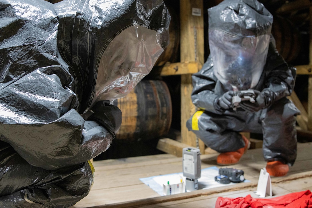 Kentucky Army National Guard Staff Sergeants Zachary Baise and Jawan Smith, both members of the The Kentucky National Guard's 41st Civil Support Team, conducted their Training Proficiency Evaluation with ARNORTH at a Jim Beam warehouse in Boston, Kentucky, Mar. 7, 2024. (Kentucky Army National Guard photo by Capt. Cody Stagner)