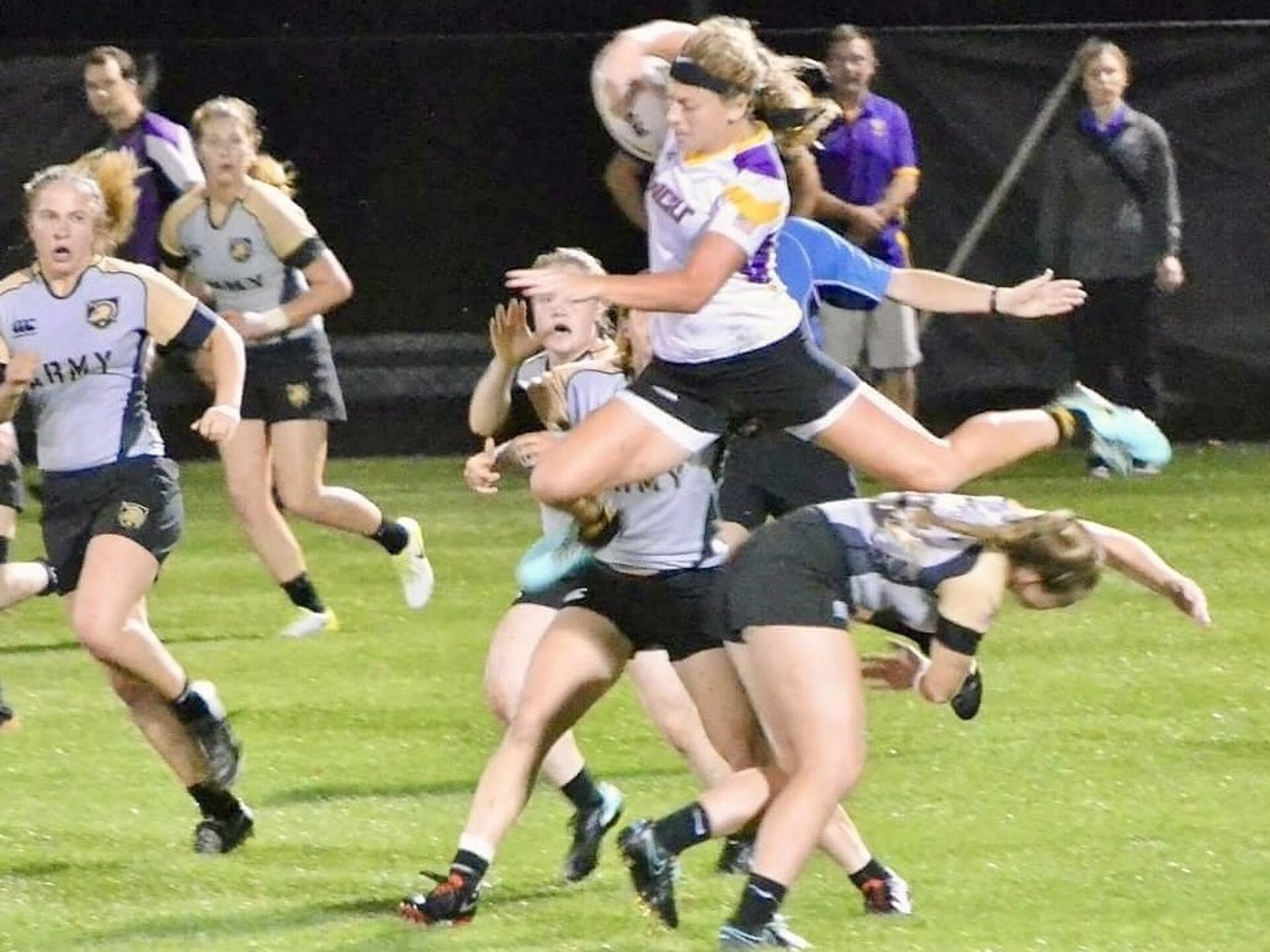 U.S. Army Sgt. Autumn Czaplicki, then a freshman at West Chester University and playing for the school’s rugby team, hurdles an Army West Point player during a match in West Point, New York, Sept. 15, 2018. Czaplicki is now a Pennsylvania National Guard Soldier and an athlete in the Army’s World Class Athlete Program. (Courtesy Photo)