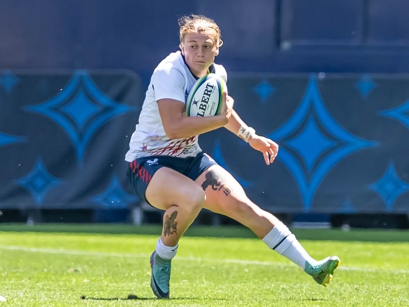 U.S. Army Sgt. Autumn Czaplicki, playing for the USA Women’s Rugby Team, carries the ball during a match against Canada at Dignity Health Sports Park in Carson, California, April 28, 2024. Czaplicki is a Pennsylvania National Guard Soldier with a successful college rugby career who is aiming to make the 2028 Olympic team. (Courtesy Photo)