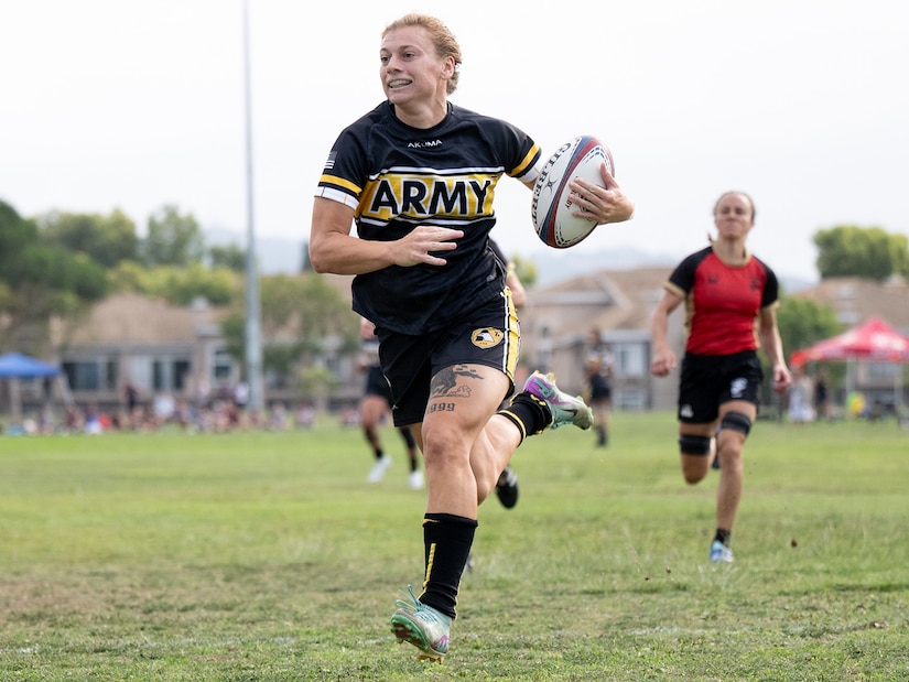 U.S. Army Sgt. Autumn Czaplicki scores during the 2024 Armed Forces Women’s Rugby Championships held in conjunction with the San Diego Surfers Women’s Rugby Club 7s Tournament in San Diego, California, July 12, 2024. (DoD photo by EJ Hersom)