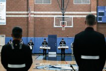 U.S. Marines with Marine Band San Diego, Headquarters and Service Battalion, MCRD San Diego, watch students from Salesian High School perform in Los Angeles, California, Nov. 20, 2024. The Marine Band San Diego’s job is to provide ceremonial music, boost morale and participate in outreach work and attend events and ceremonies. (U.S. Marine Corps photo by Cpl. Sarah M. Grawcock)