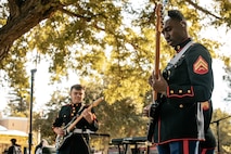 U.S. Marine Corps Lance Cpl. Jacob Leonard, left, and Cpl. Desean Porchea, both with Marine Band San Diego, Headquarters and Service Battalion, Marine Corps Recruit Depot San Diego, perform at California State University, Northridge, California, Nov. 20, 2024. The Marine Band San Diego’s job is to provide ceremonial music, boost morale and participate in outreach work and attend events and ceremonies. (U.S. Marine Corps photo by Cpl. Sarah M. Grawcock)