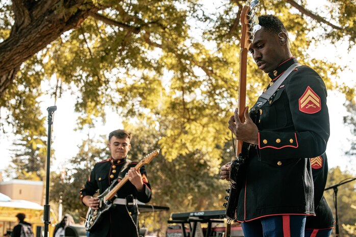 U.S. Marine Corps Lance Cpl. Jacob Leonard, left, and Cpl. Desean Porchea, both with Marine Band San Diego, Headquarters and Service Battalion, Marine Corps Recruit Depot San Diego, perform at California State University, Northridge, California, Nov. 20, 2024. The Marine Band San Diego’s job is to provide ceremonial music, boost morale and participate in outreach work and attend events and ceremonies. (U.S. Marine Corps photo by Cpl. Sarah M. Grawcock)