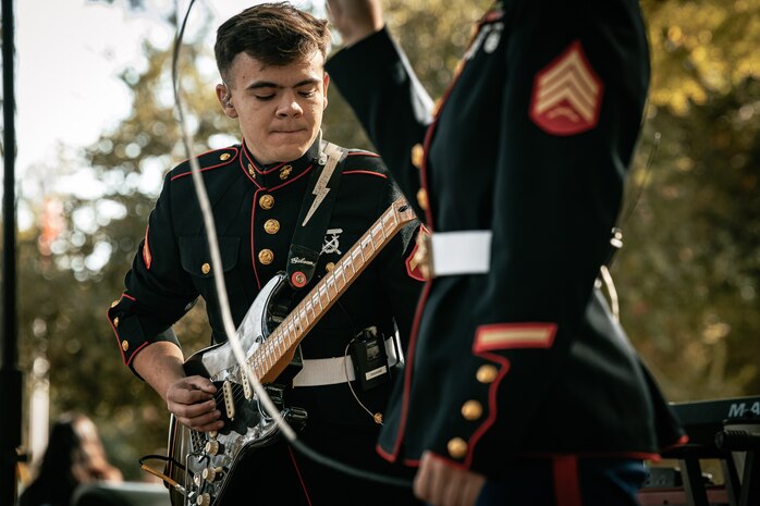 U.S. Marine Corps Lance Cpl. Jacob Leonard with Marine Band San Diego, Headquarters and Service Battalion, Marine Corpa Recruit Depot San Diego, performs at California State University, Northridge, California, Nov. 20, 2024. The Marine Band San Diego’s job is to provide ceremonial music, boost morale and participate in outreach work and attend events and ceremonies. (U.S. Marine Corps photo by Cpl. Sarah M. Grawcock)