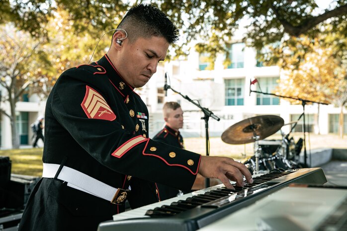 U.S. Marine Corps Sgt. Nikolas Slattery with Marine Band San Diego, Headquarters and Service Battalion, Marine Corps Recruit Depot San Diego, performs at California State University, Northridge, California, Nov. 20, 2024. The Marine Band San Diego’s job is to provide ceremonial music, boost morale and participate in outreach work and attend events and ceremonies. (U.S. Marine Corps photo by Cpl. Sarah M. Grawcock)
