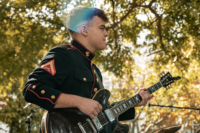 U.S. Marine Corps Lance Cpl. Jacob Leonard with Marine Band San Diego, Headquarters and Service Battalion, Marine Corps Recruit Depot San Diego, performs at California State University, Northridge, California, Nov. 20, 2024. The Marine Band San Diego’s job is to provide ceremonial music, boost morale and participate in outreach work and attend events and ceremonies. (U.S. Marine Corps photo by Cpl. Sarah M. Grawcock)