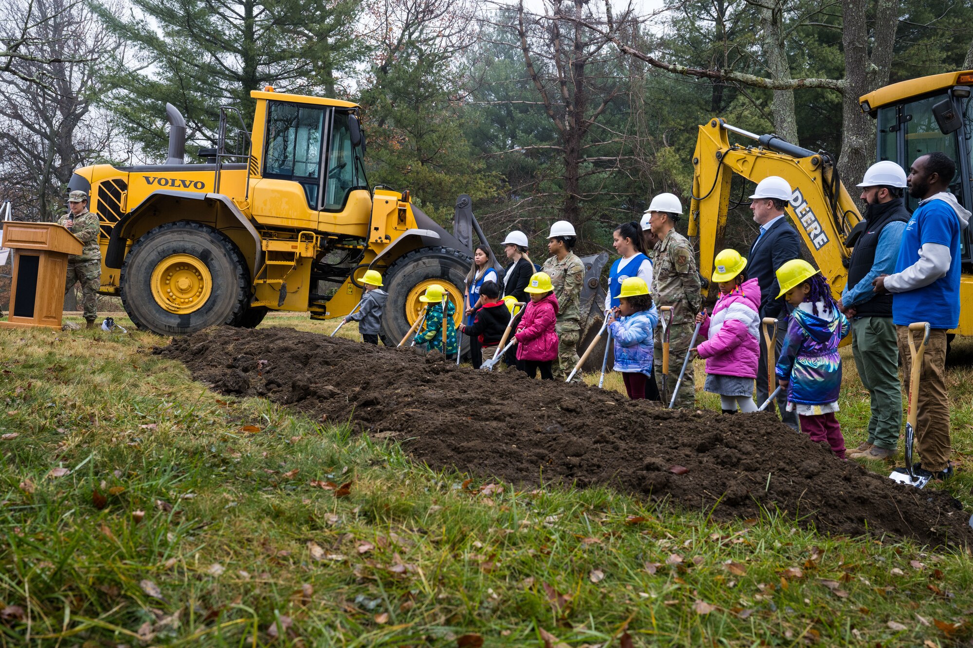 Colonel Mindy A.P. Davitch gives the closing remarks at a groundbreaking ceremony.