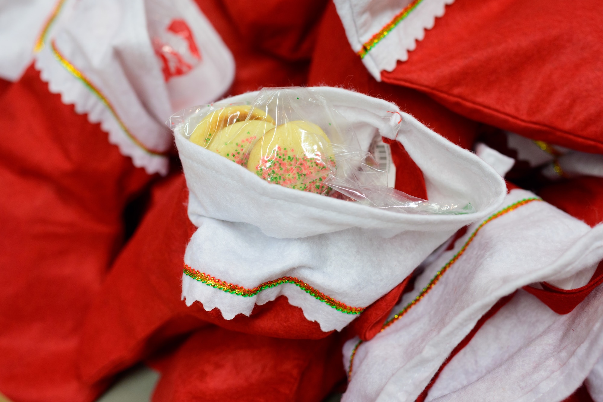 Stockings full of cookies are on display during the Holloman Airmen cookie drive.