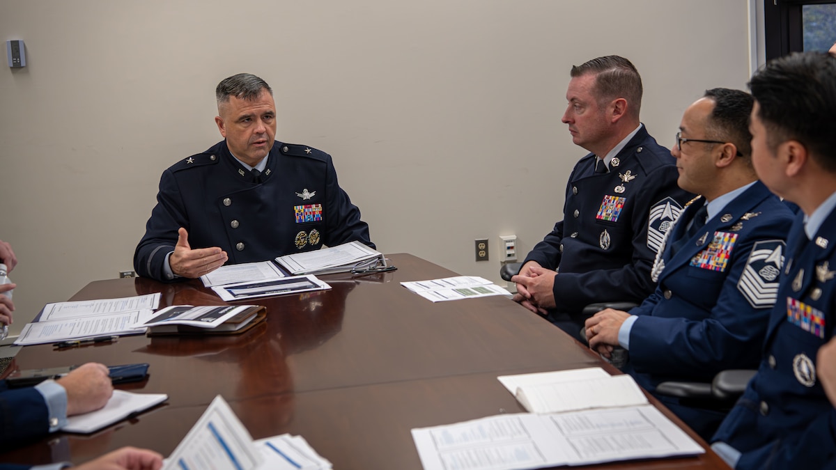U.S. Space Force Brig. Gen. Anthony Mastalir, commander of U.S. Space Forces Indo-Pacific, participates in a preparatory meeting ahead of key discussions at the U.S. Embassy in Tokyo, Japan, Dec. 2, 2024. The engagements focused on activation initiatives and strengthening Space Force cooperation within Japan. (U.S. Air Force photo by Airman 1st Class Cayla Hunt)