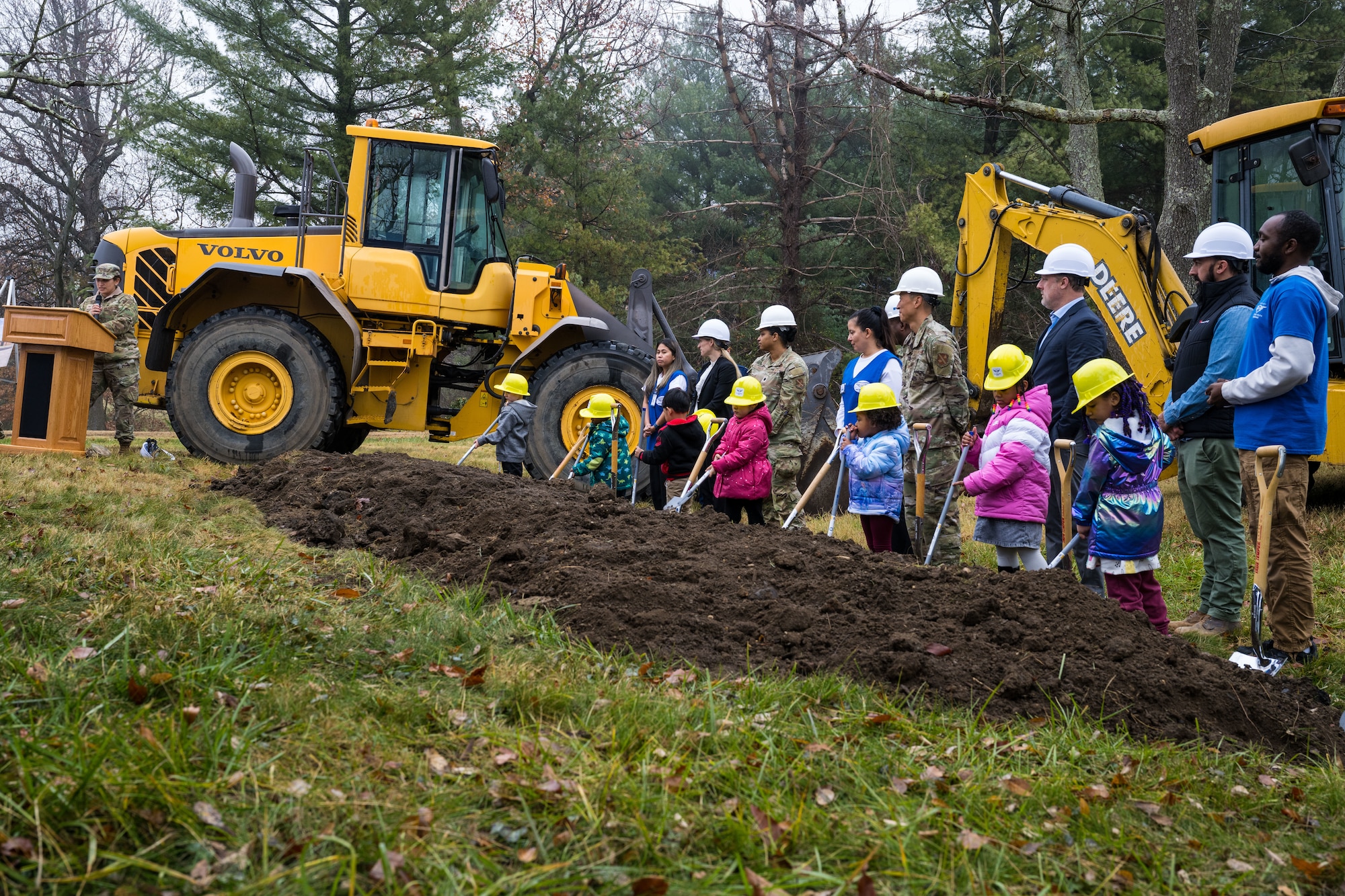 Colonel Mindy A.P. Davitch gives the closing remarks at a groundbreaking ceremony.