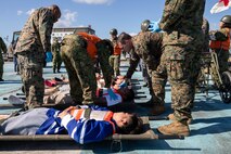 Japan Self-Defense Force service members and U.S. Navy hospital corpsmen with 3rd Marine Logistics Group assess simulated casualties during Tomodachi Rescue Exercise/Remote Island Disaster (T/RIDEX) at Ishigaki, Japan, on Dec. 1, 2024. T/RIDEX is a bilateral field-training exercise involving JSDF and U.S. military personnel, designed to increase cooperation and integration during natural disaster situations. (U.S. Marine Corps photo by Sgt. Hunter Barber)