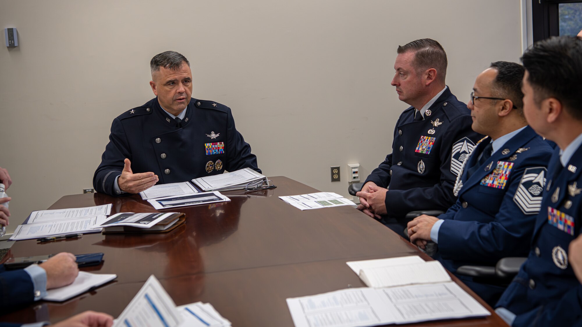 U.S. Space Force Brig. Gen. Anthony Mastalir, commander of U.S. Space Forces Indo-Pacific, participates in a preparatory meeting ahead of key discussions at the U.S. Embassy in Tokyo, Japan, Dec. 2, 2024. The engagements focused on activation initiatives and strengthening Space Force cooperation within Japan. (U.S. Air Force photo by Airman 1st Class Cayla Hunt)