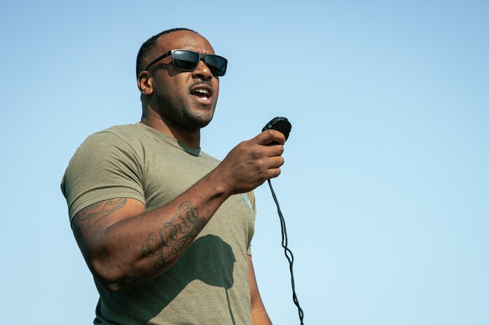 U.S. Marine Corps Training Noncommissioned Officer, Sgt. Alpha Balde, with Headquarters and Service Battalion, Marine Corps Recruit Depot San Diego, monitors the movement to contact portion of a combat fitness test at MCRD San Diego, California, Dec. 4, 2024. The CFT is an annual fitness test that is required of all Marines to pass and maintain consisting of an 880-yard sprint, ammunition can lifts, and a maneuver under fire drill. (U.S. Marine Corps photo by Cpl. Sarah M. Grawcock)