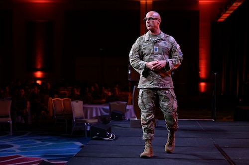 Chief Master Sgt. of the Space Force John Bentivegna delivers a keynote address