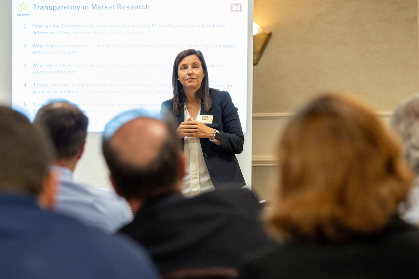 Louisville District Deputy District Engineer Cristie Mitchell leads a discussion with participants at the U.S. Army Corps of Engineers (USACE) Great Lakes and Ohio River Division (LRD) hosted Industry Day on Wednesday, December 4 at the Hilton Netherland Plaza Hotel in Cincinnati, Ohio.