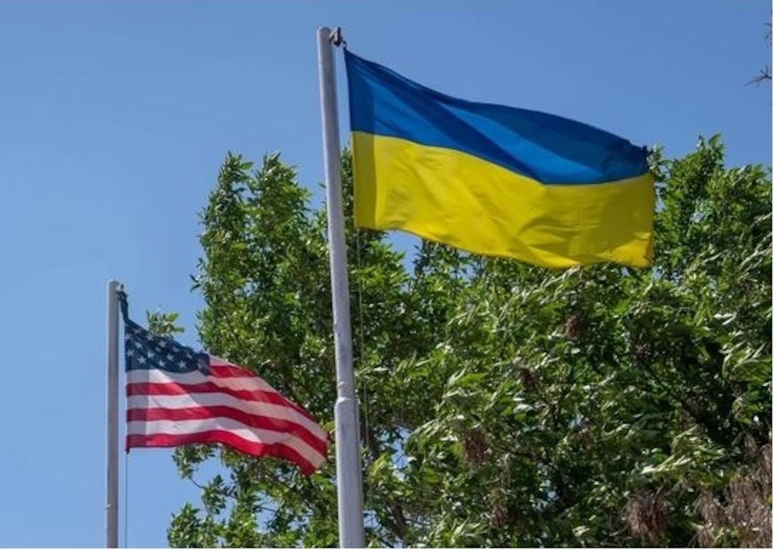 Ukrainian and American flags fly