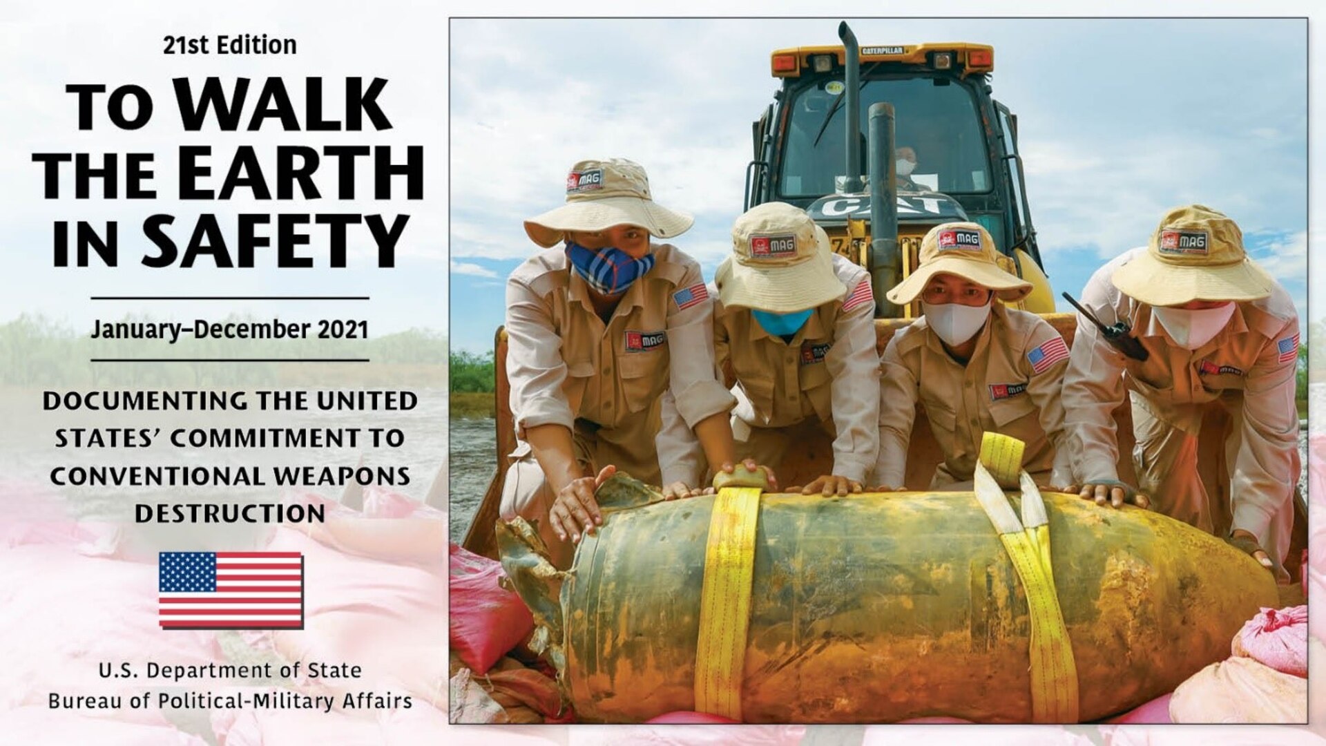 Infographic with image of soldiers moving a landmine